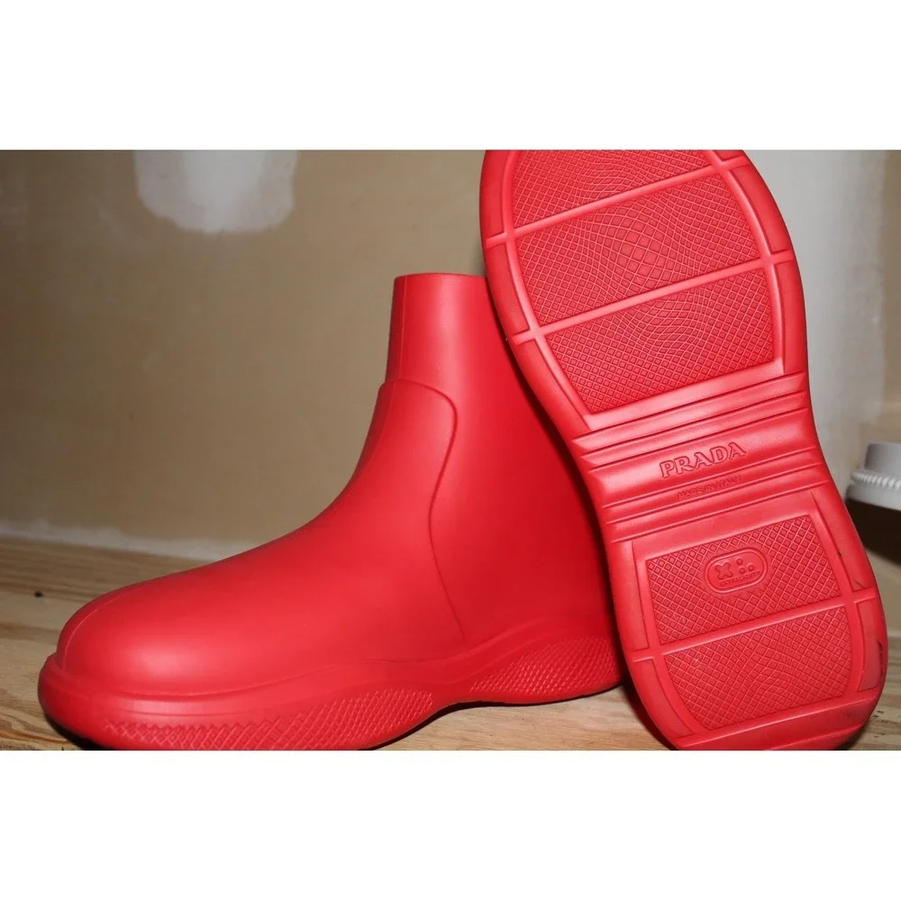 Prada Red Rubber Rain Boots Ankle Logo Monolithic Chunky Sole Mens Size 44‎